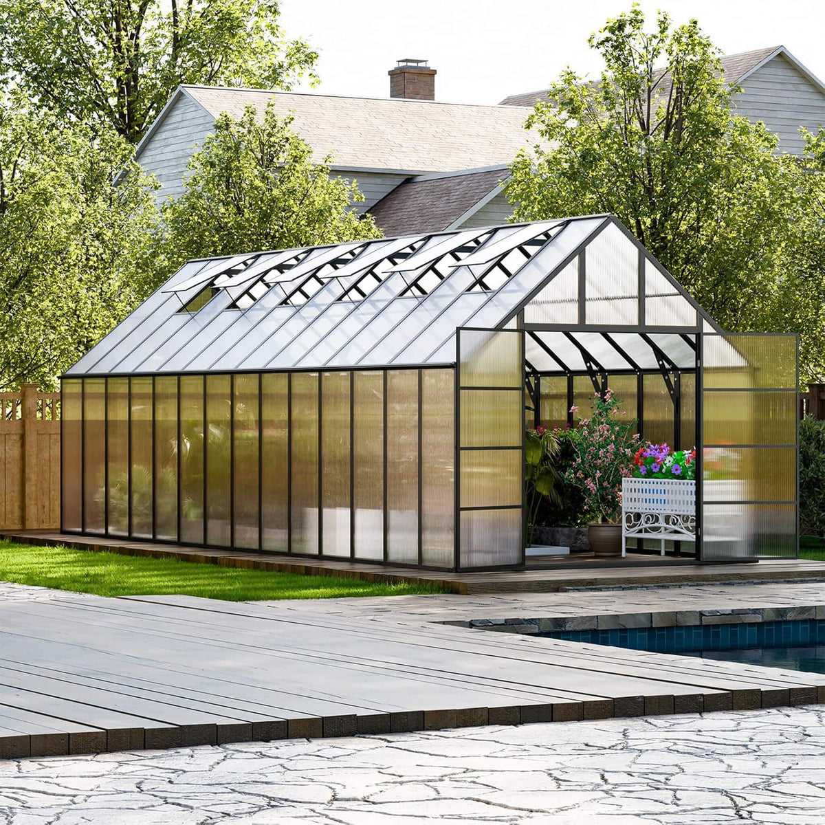 10x28FT Heavy-Duty Aluminum Polycarbonate Greenhouse with Roof Vents and Swing Doors