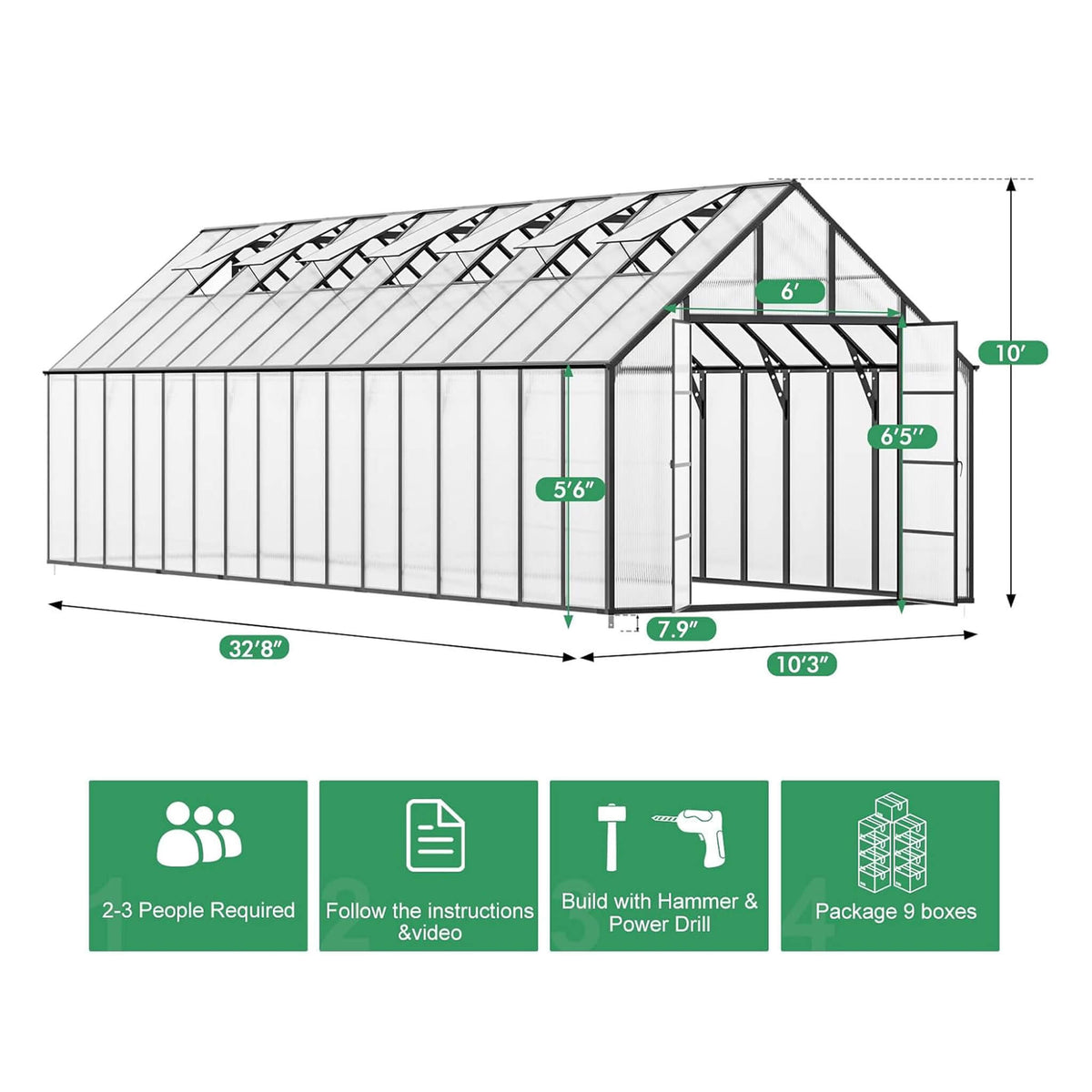 [10X32FT] Heavy-Duty Outdoor Aluminum Polycarbonate Greenhouse With Roof Vents And Swing Doors, 4MM (SAK10483)