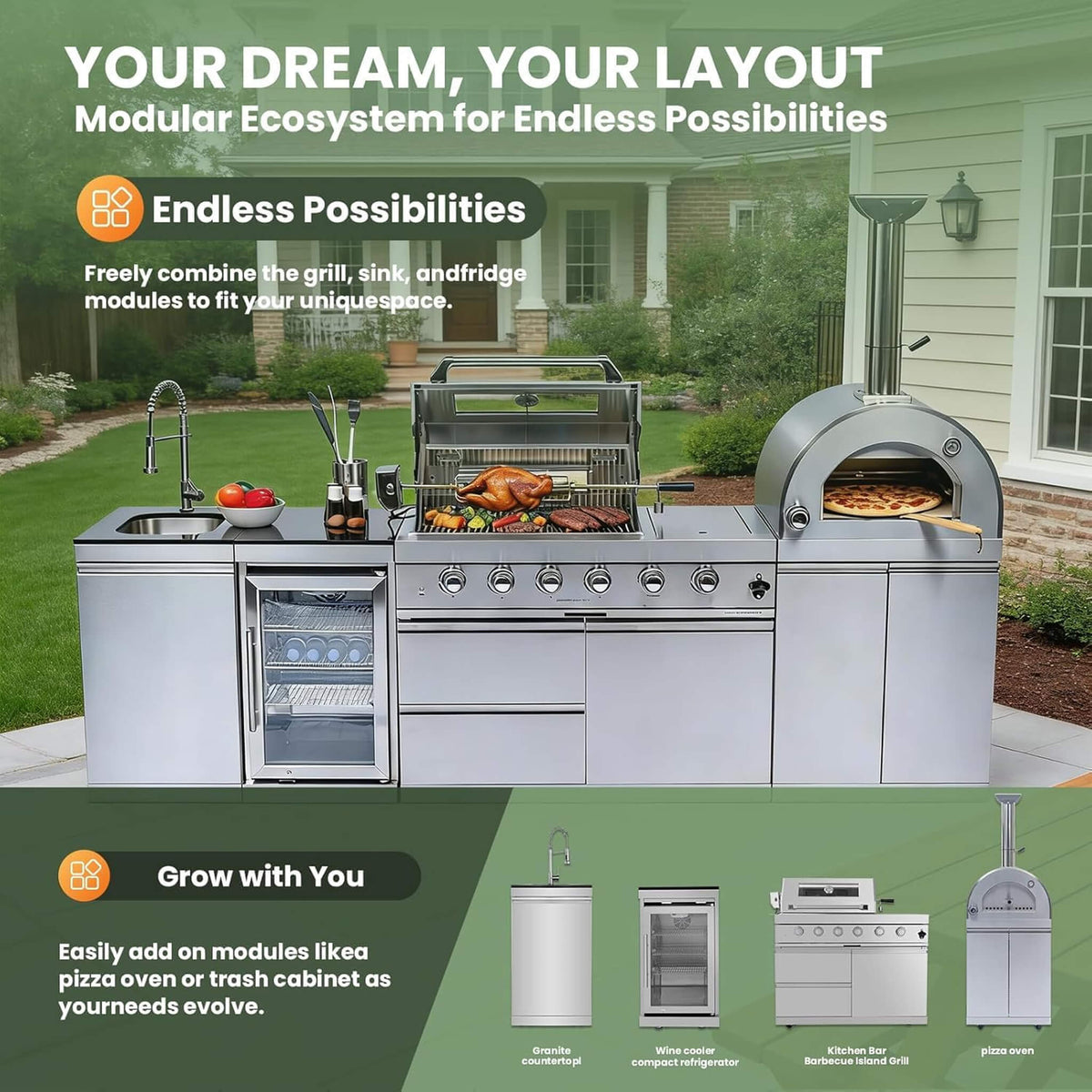 112-Inch 4-Burner 108K BTU Outdoor Kitchen Island With Pizza Oven, Rotisserie & Refrigerator (SAK94565)