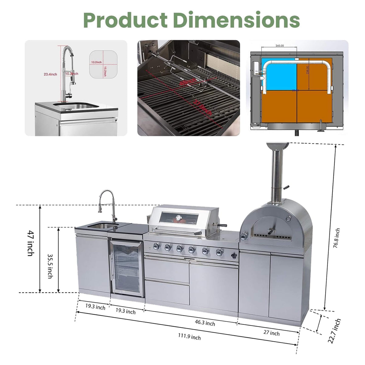 112-Inch 4-Burner 108K BTU Outdoor Kitchen Island With Pizza Oven, Rotisserie & Refrigerator (SAK94565)