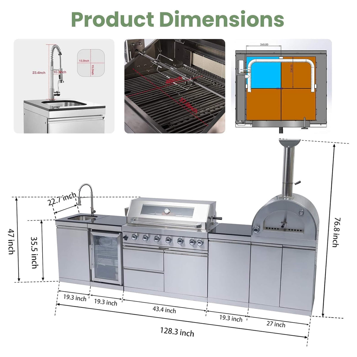128-Inch 6-Burner 120K BTU Outdoor Kitchen Island With Pizza Oven, Rotisserie & Refrigerator (SAK75770)
