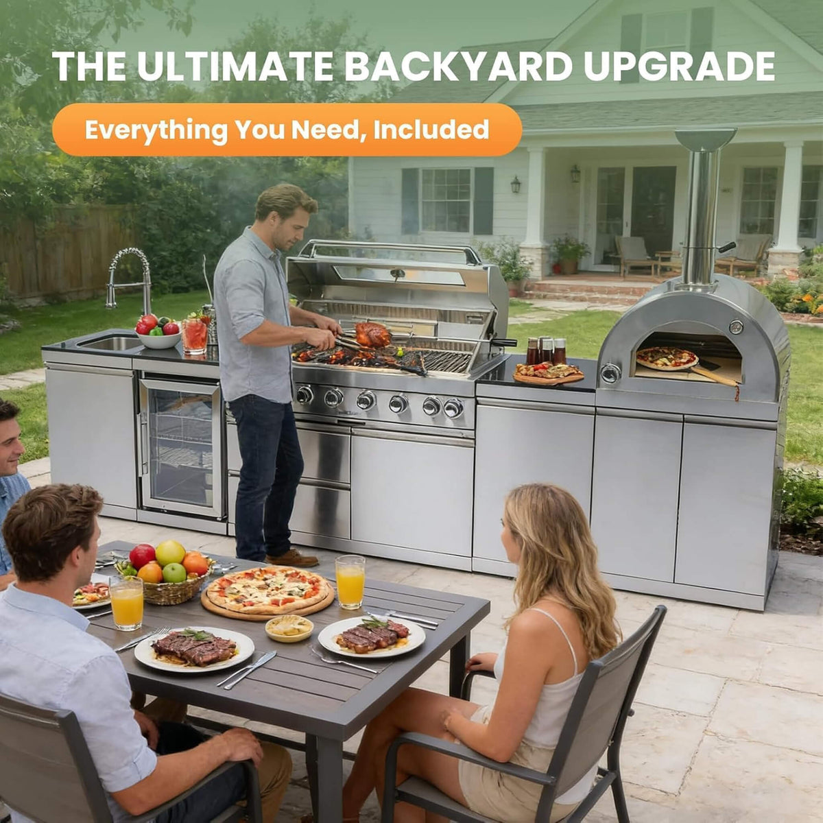 128-Inch 6-Burner 120K BTU Outdoor Kitchen Island With Pizza Oven, Rotisserie & Refrigerator (SAK75770)