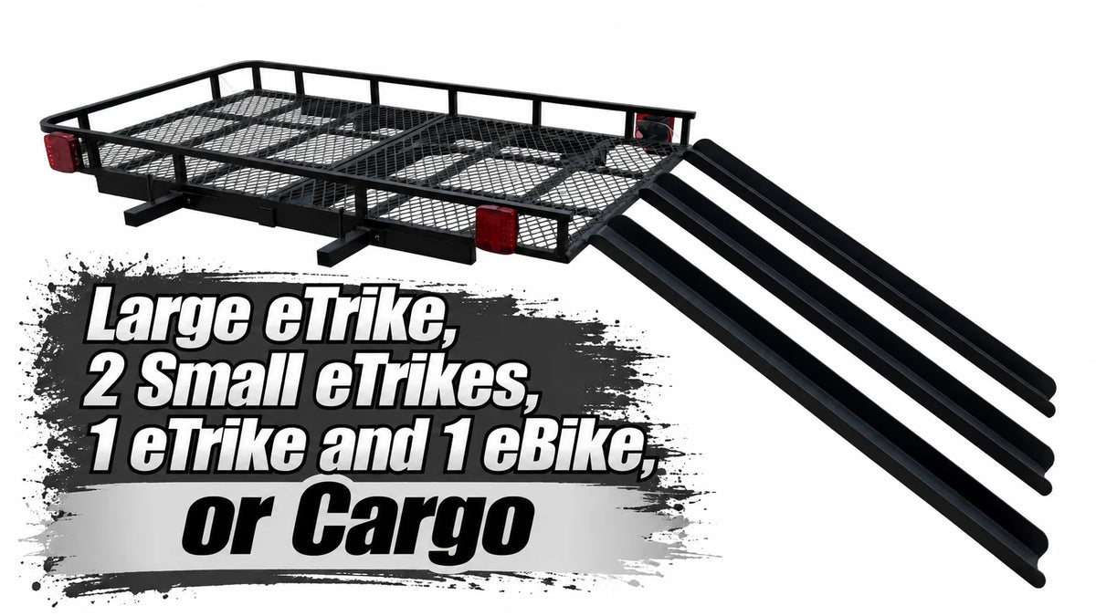 Black metal trailer utility rack with ramp boards, shown on a white background with overlaid text listing configurations: Large eTrike, 2 Small eTrikes, 1 eTrike and 1 eBike, or Cargo.