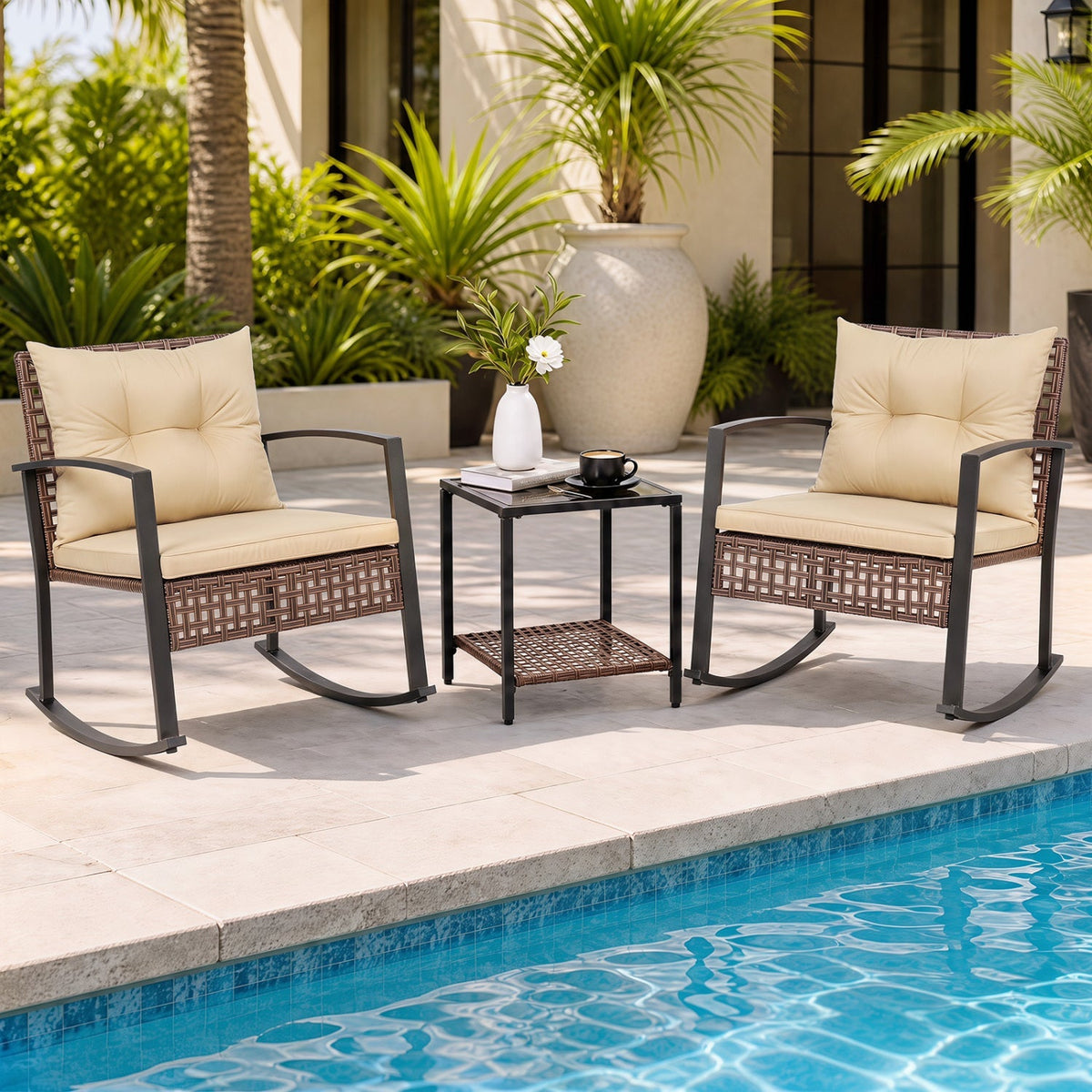 3-Piece Patio Rocking Chair Set with Glass Coffee Table – Outdoor Seating