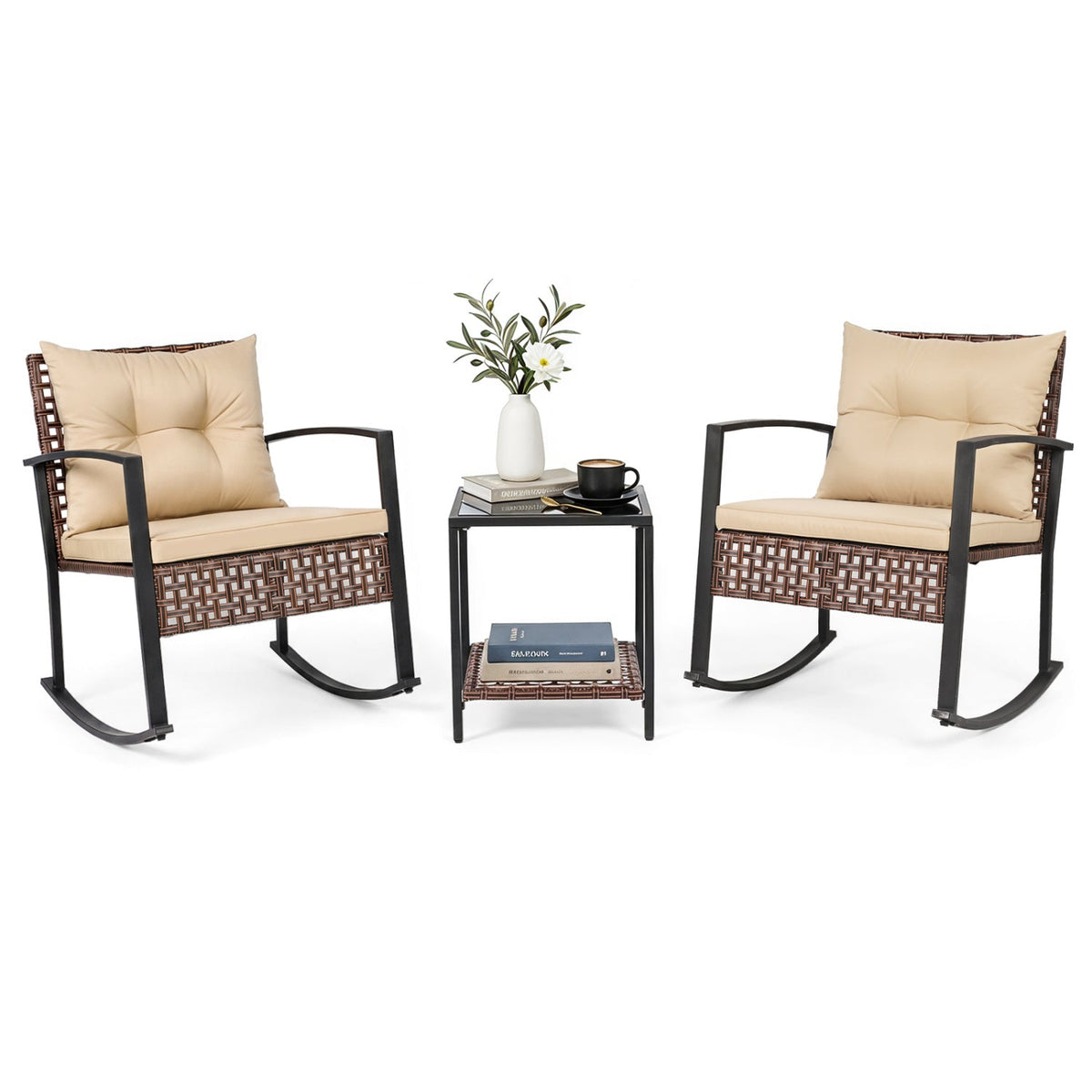 3-Piece Patio Rocking Chair Set with Glass Coffee Table – Outdoor Seating