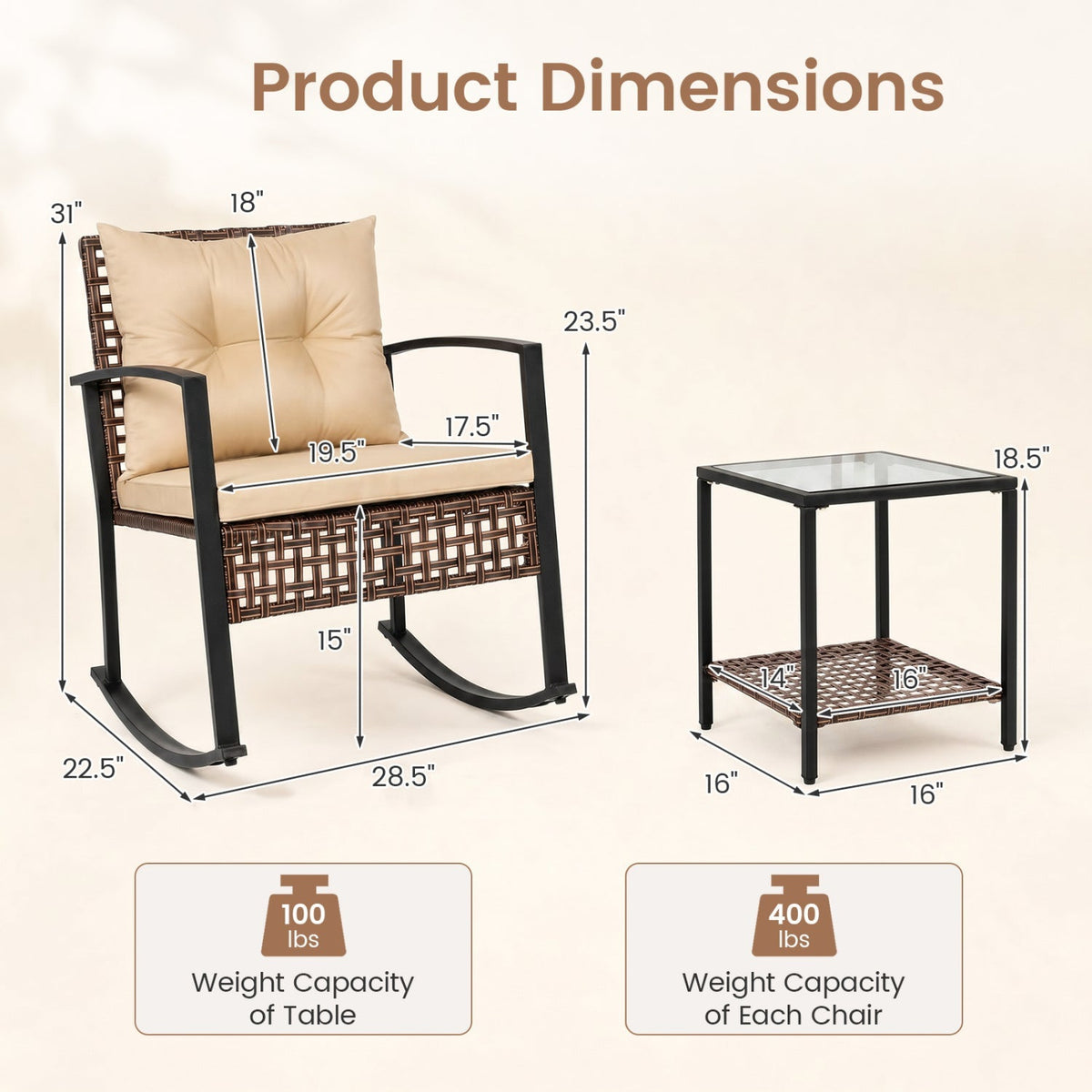 3-Piece Patio Rocking Chair Set with Glass Coffee Table – Outdoor Seating
