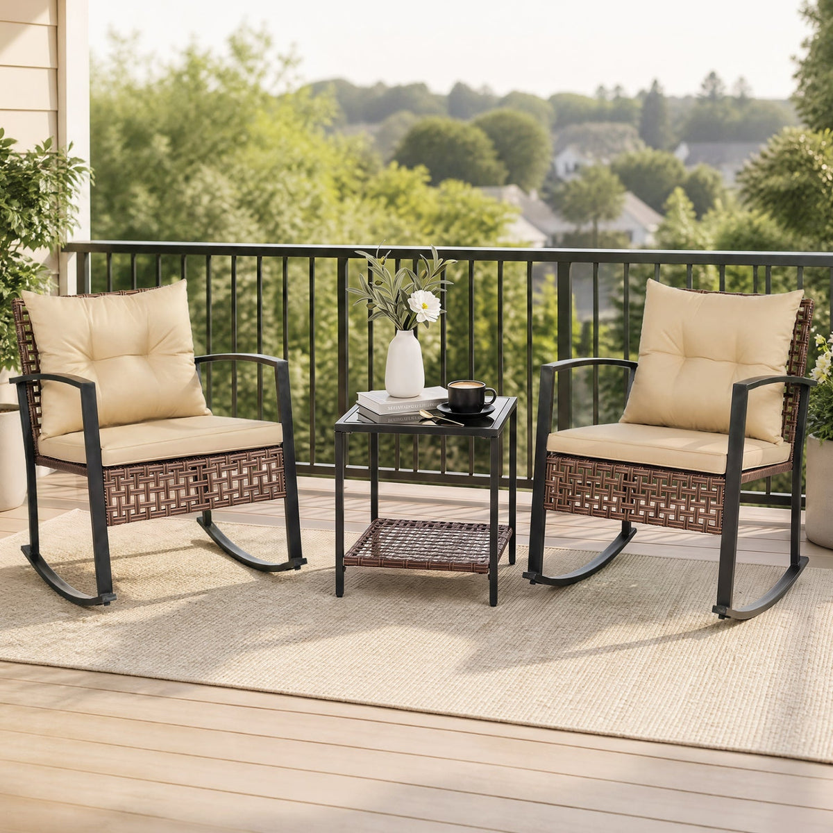 3-Piece Patio Rocking Chair Set with Glass Coffee Table – Outdoor Seating