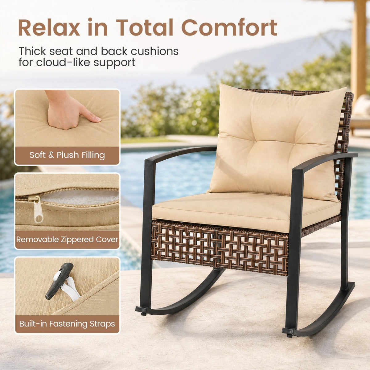 3-Piece Patio Rocking Chair Set with Glass Coffee Table – Outdoor Seating