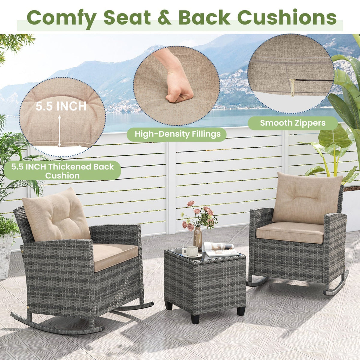 3-Piece Patio Rocking Chair Set with Glass-Top Table – Outdoor Seating