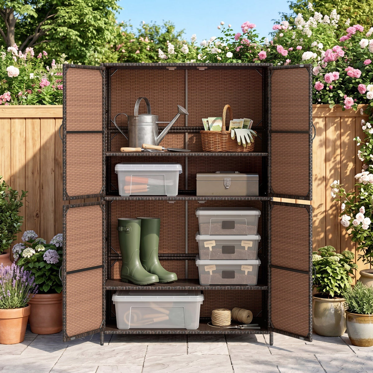 Rattan Outdoor Storage Shed with Adjustable Shelves – Patio Storage Cabinet