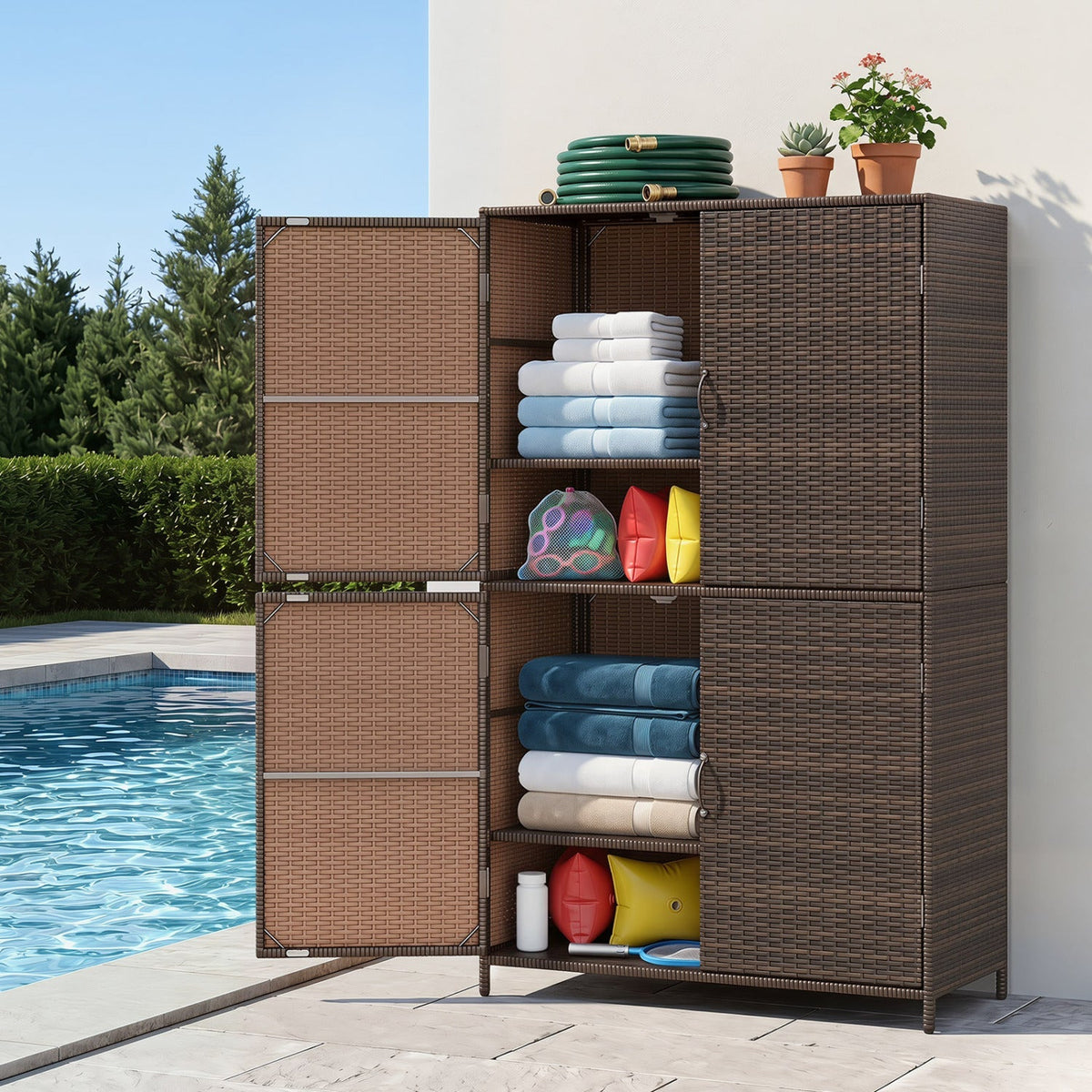 Rattan Outdoor Storage Shed with Adjustable Shelves – Patio Storage Cabinet