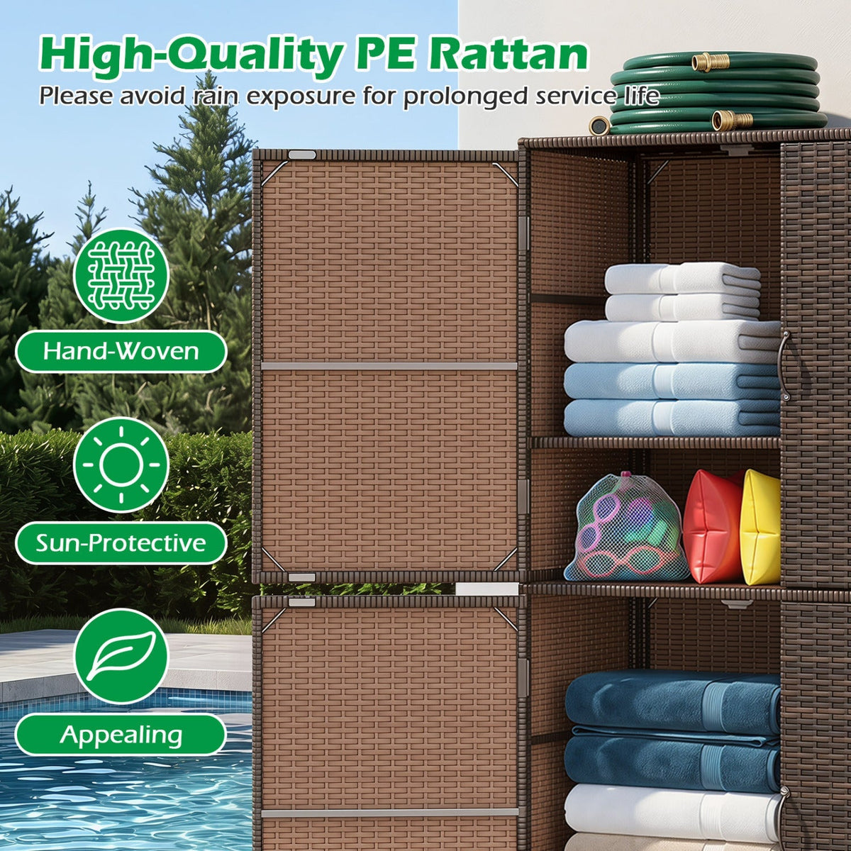 Rattan Outdoor Storage Shed with Adjustable Shelves – Patio Storage Cabinet