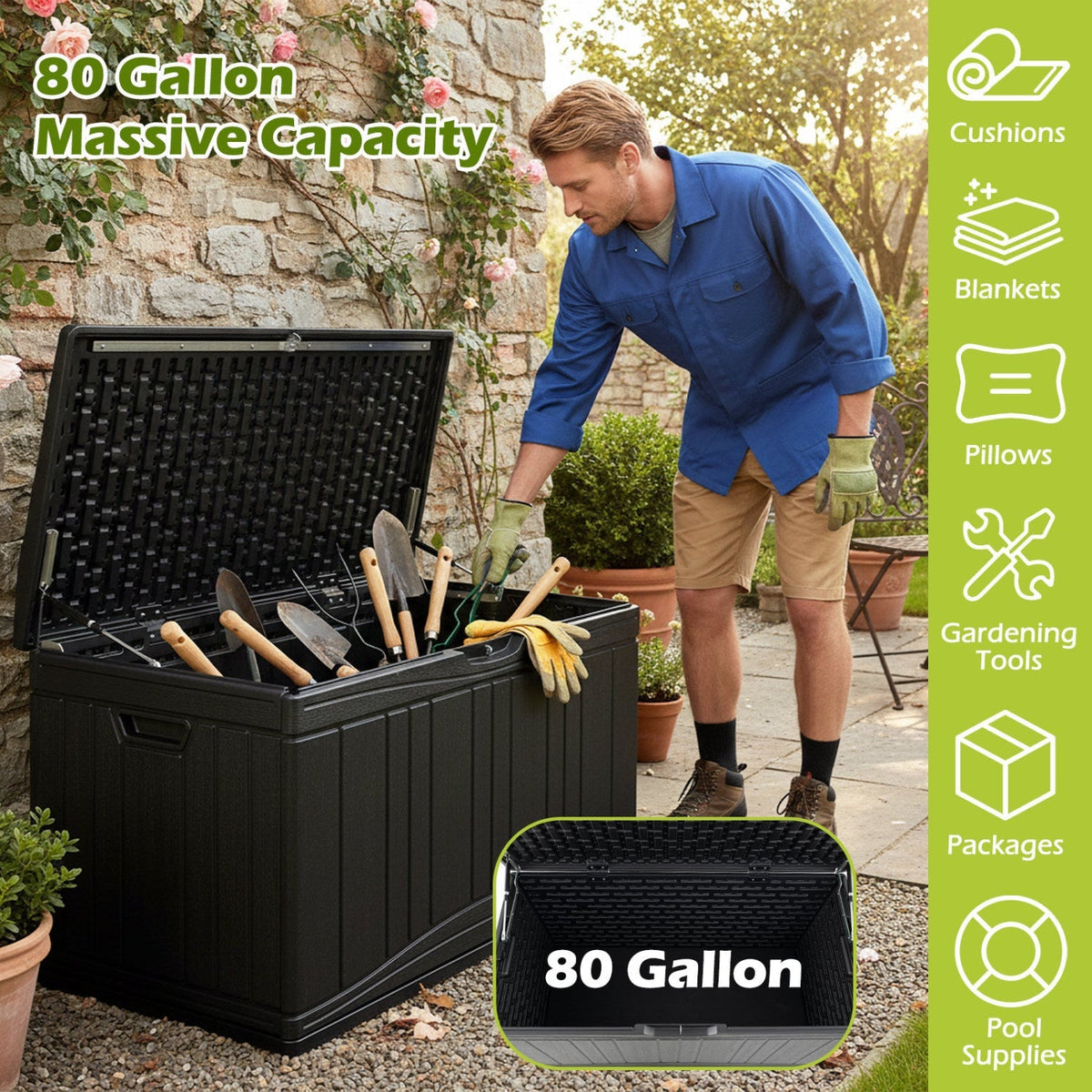 80-Gallon Outdoor Deck Storage Box with Lockable Lid