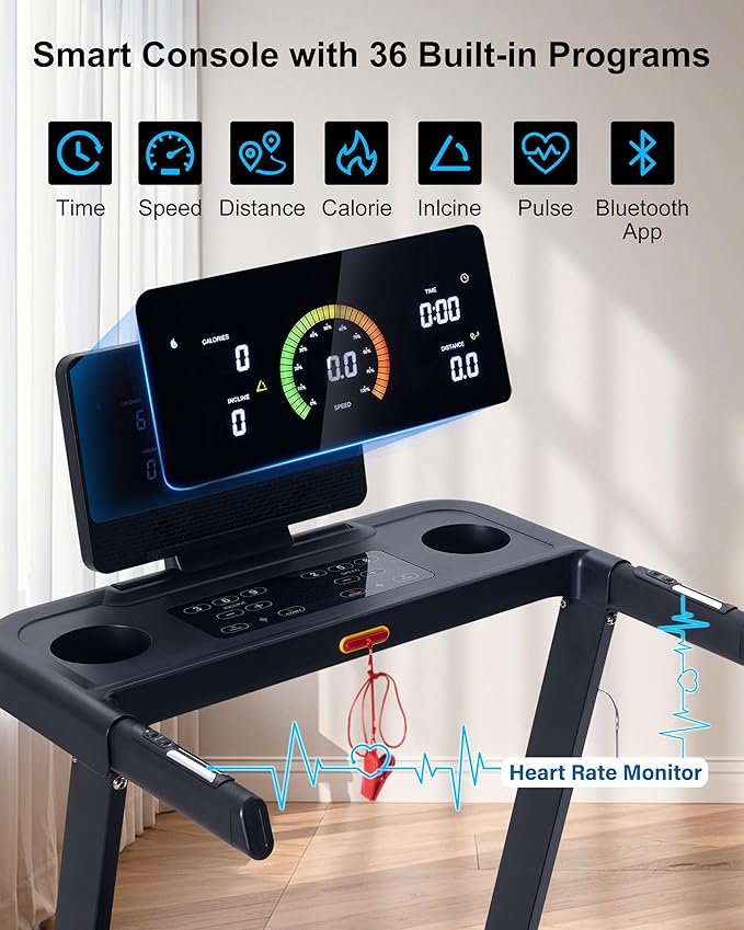 Auto Incline Treadmill, 20% Incline, 3.0HP, 10 MPH Running Machine, 18.5" Wide Belt, 350 lbs Capacity, Treadmill for Home with Bluetooth App