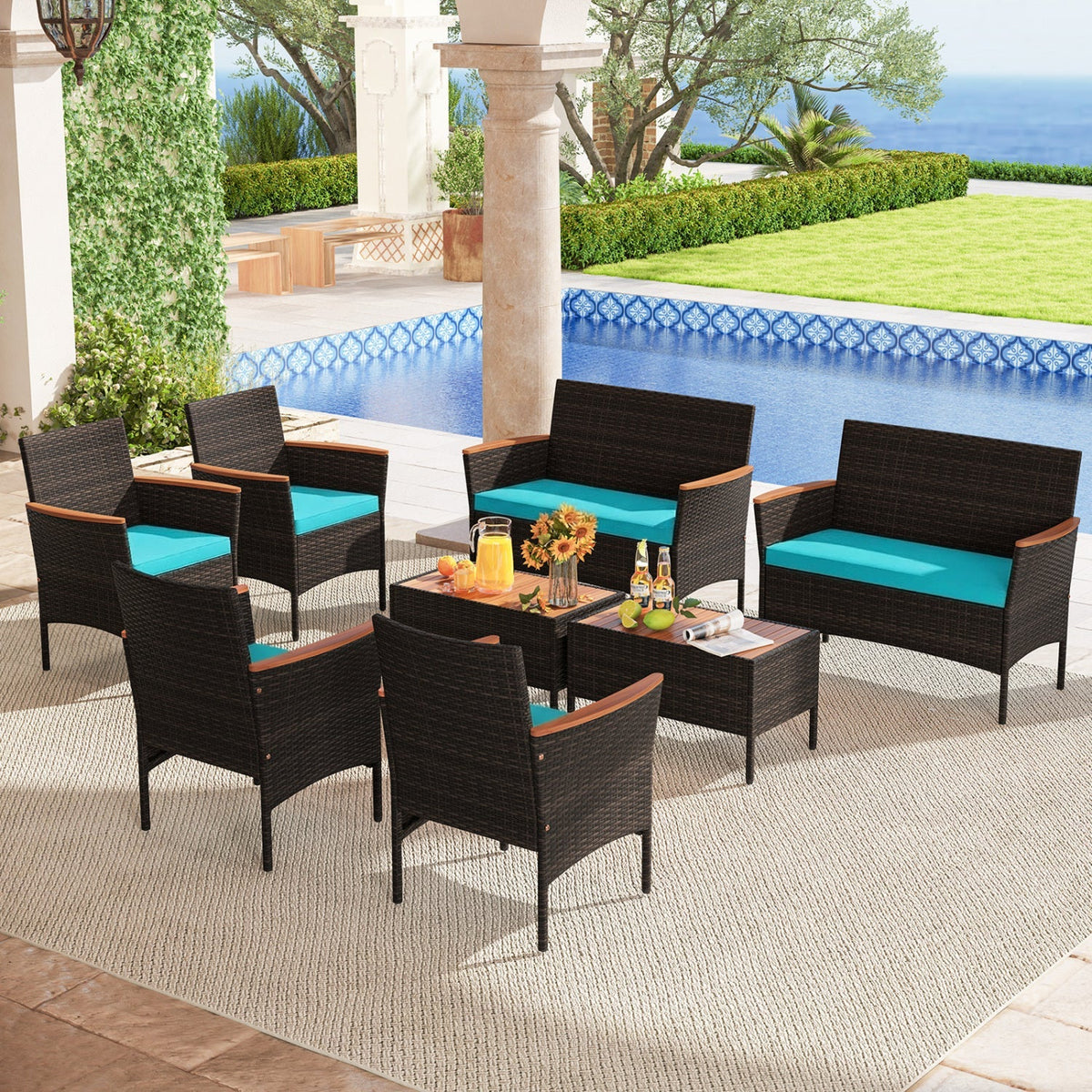 8-Piece Patio Conversation Set with Cushions – Turquoise Outdoor Furniture