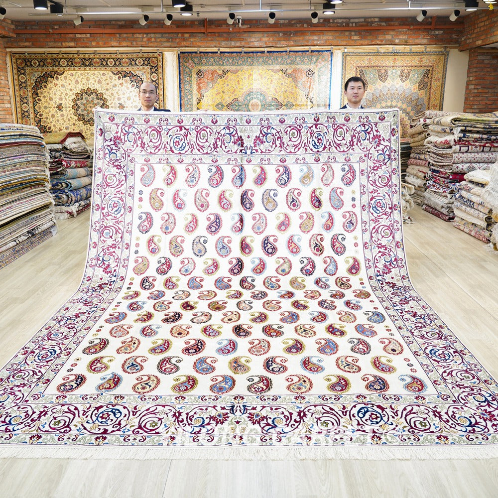 Paisley Carpet Caucasian Kazak Beige Silk Hand Knotted Carpet 9x12ft