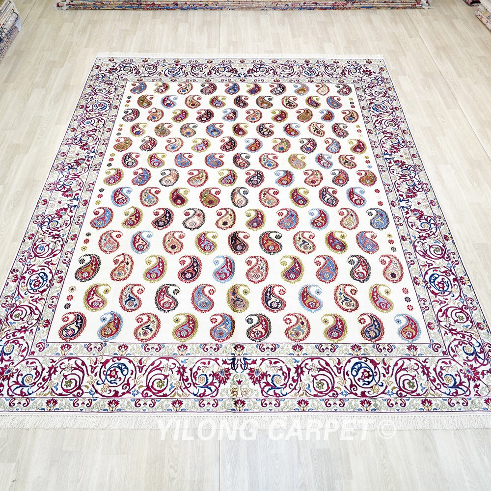 Paisley Carpet Caucasian Kazak Beige Silk Hand Knotted Carpet 9x12ft