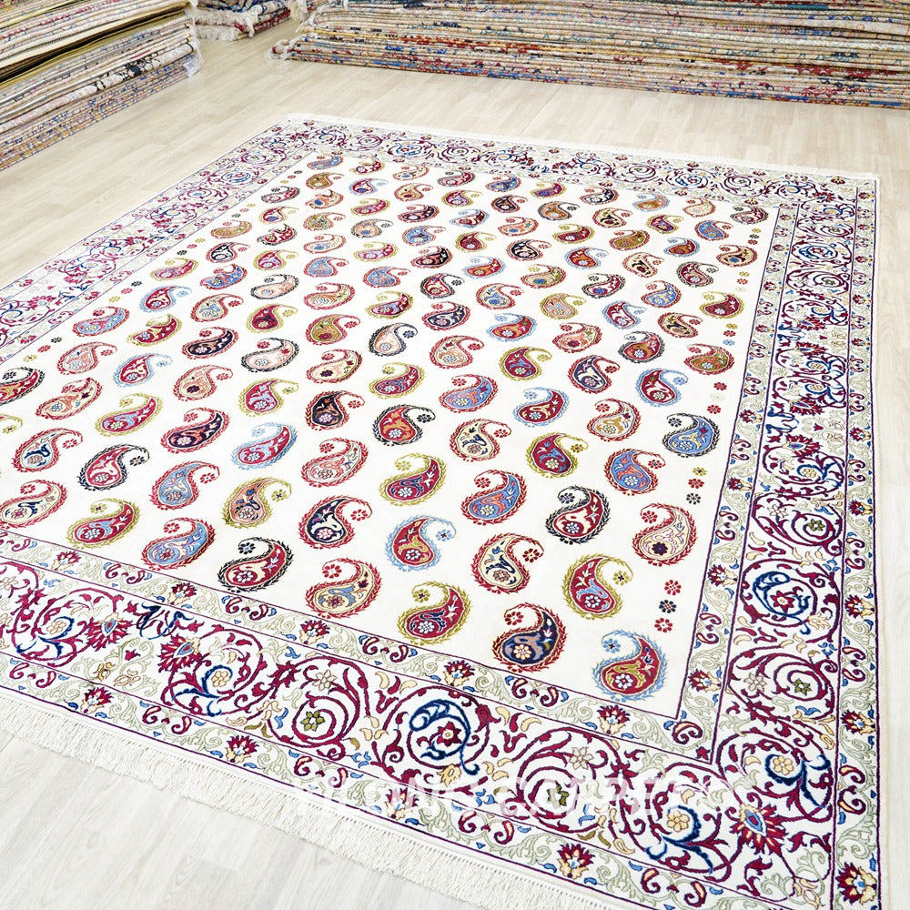Paisley Carpet Caucasian Kazak Beige Silk Hand Knotted Carpet 9x12ft