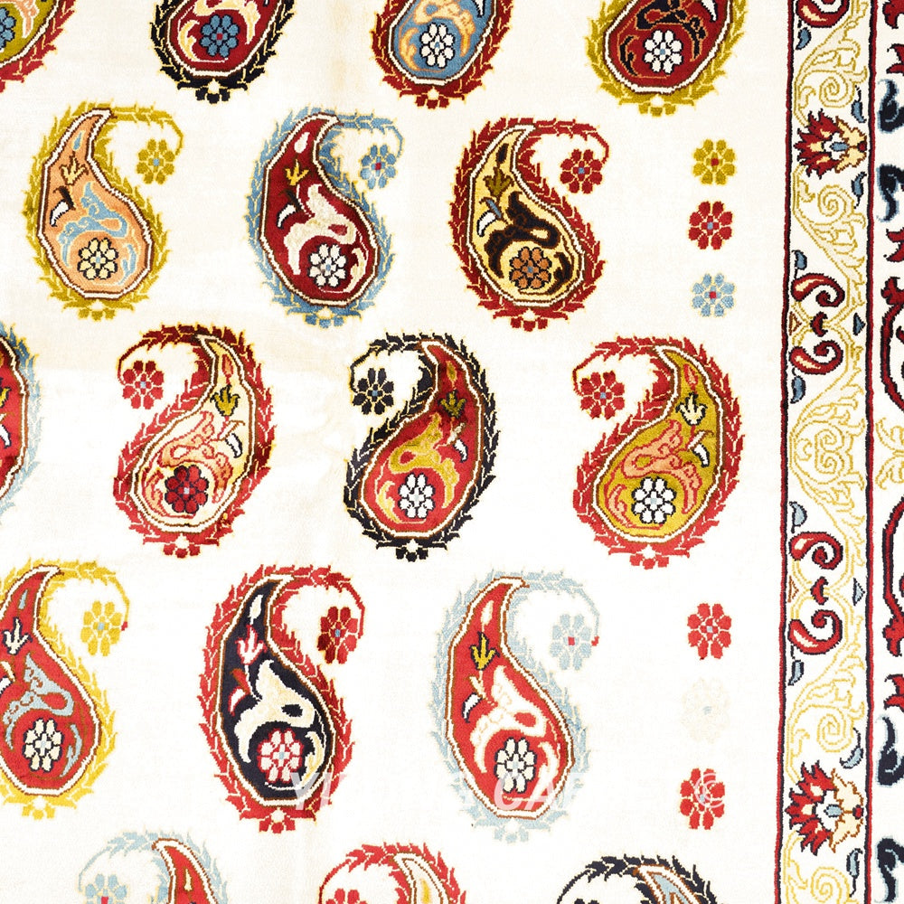 Paisley Carpet Caucasian Kazak Beige Silk Hand Knotted Carpet 9x12ft