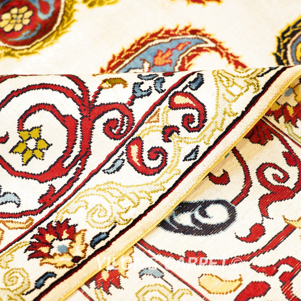 Paisley Carpet Caucasian Kazak Beige Silk Hand Knotted Carpet 9x12ft