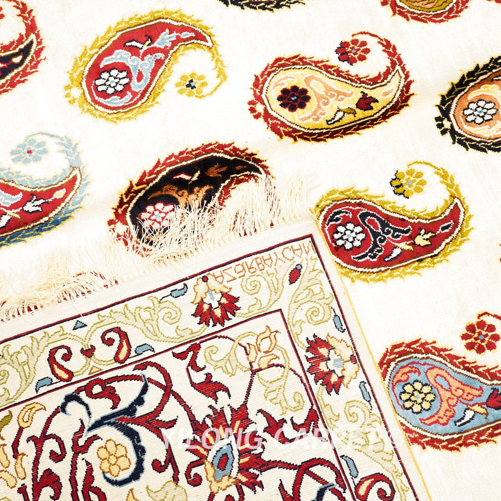 Paisley Carpet Caucasian Kazak Beige Silk Hand Knotted Carpet 9x12ft