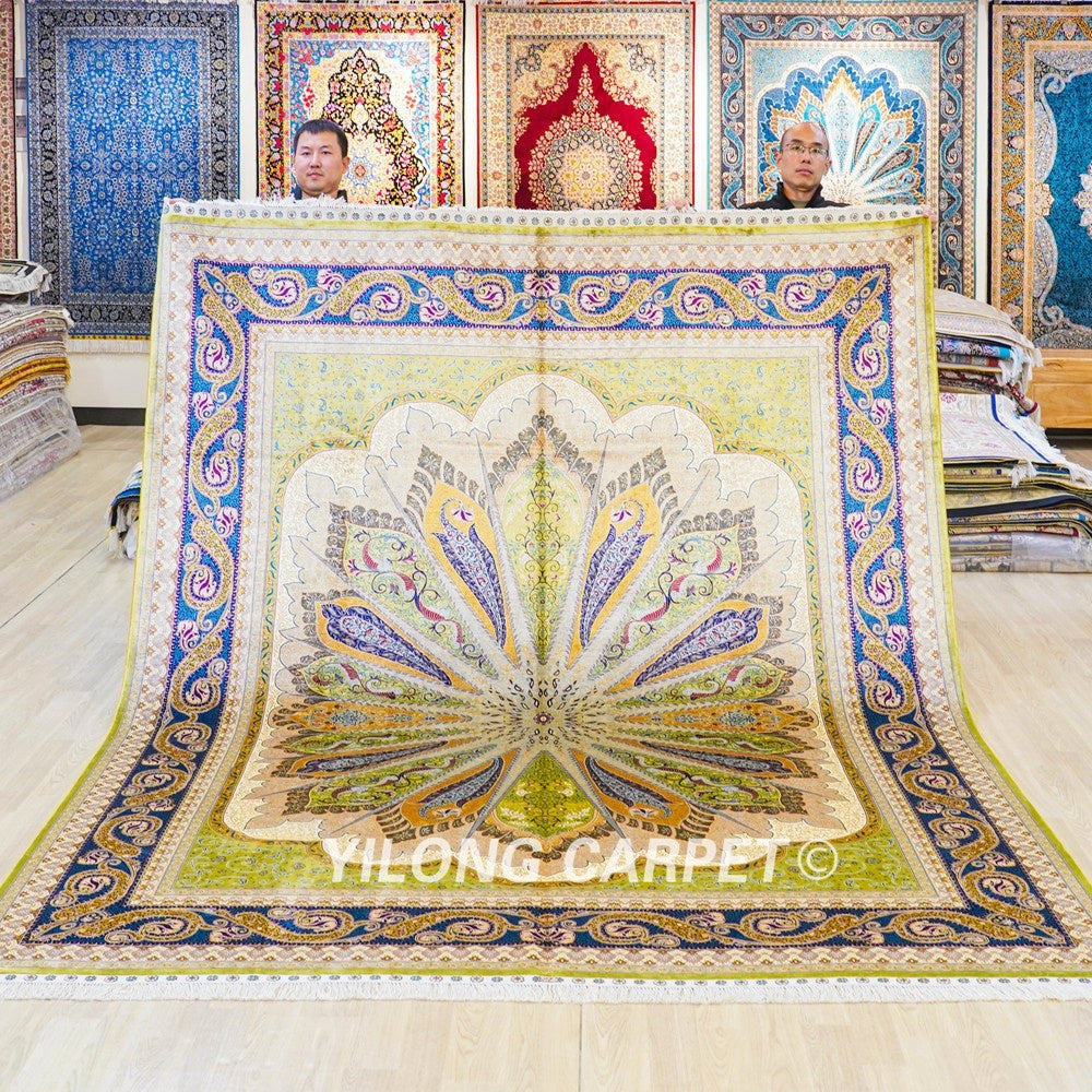 Green Turkish Silk Carpet Hand Knotted Silk Carpet for Villa Room 8x10ft
