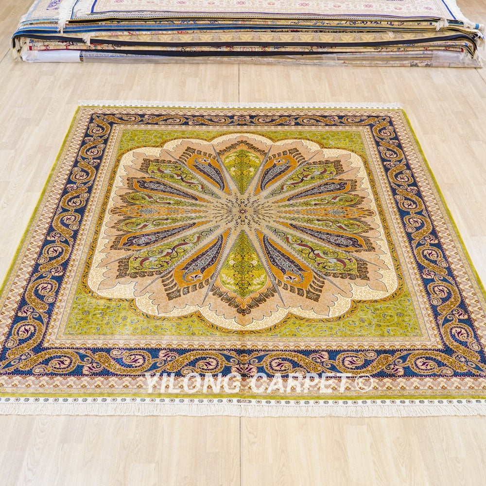 Green Turkish Silk Carpet Hand Knotted Silk Carpet for Villa Room 8x10ft