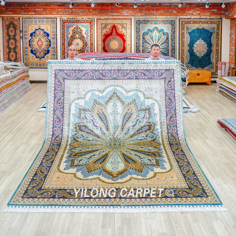 Grey Peacock Design Hand Knotted Turkish Silk Carpet for Villa Room 8x10ft