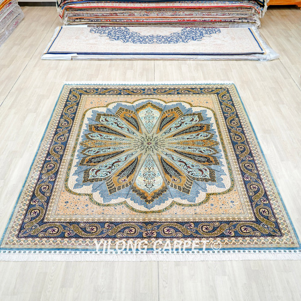 Grey Peacock Design Hand Knotted Turkish Silk Carpet for Villa Room 8x10ft