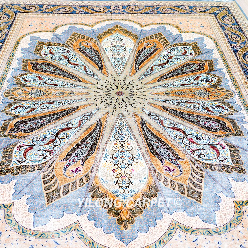 Grey Peacock Design Hand Knotted Turkish Silk Carpet for Villa Room 8x10ft