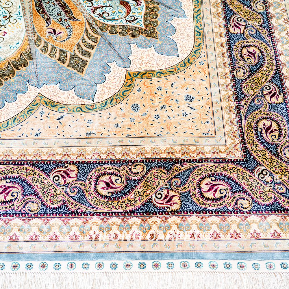 Grey Peacock Design Hand Knotted Turkish Silk Carpet for Villa Room 8x10ft