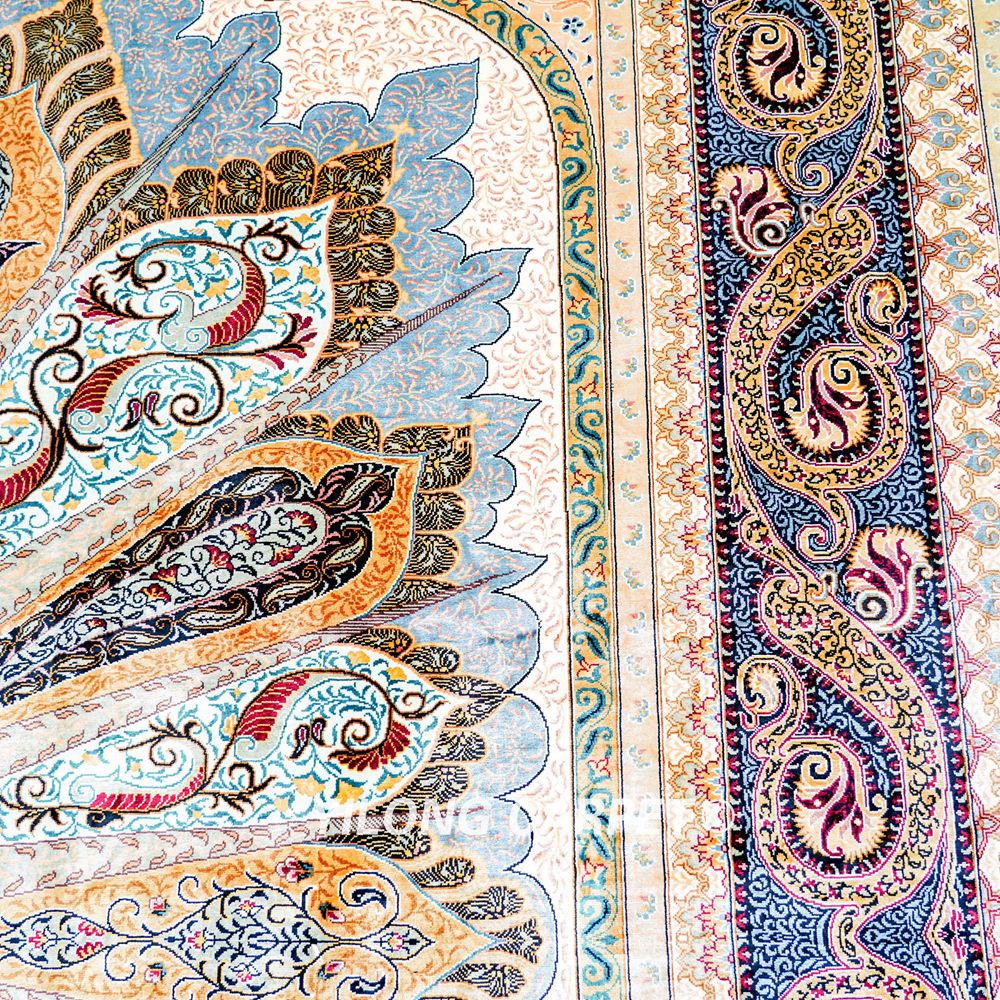 Grey Peacock Design Hand Knotted Turkish Silk Carpet for Villa Room 8x10ft
