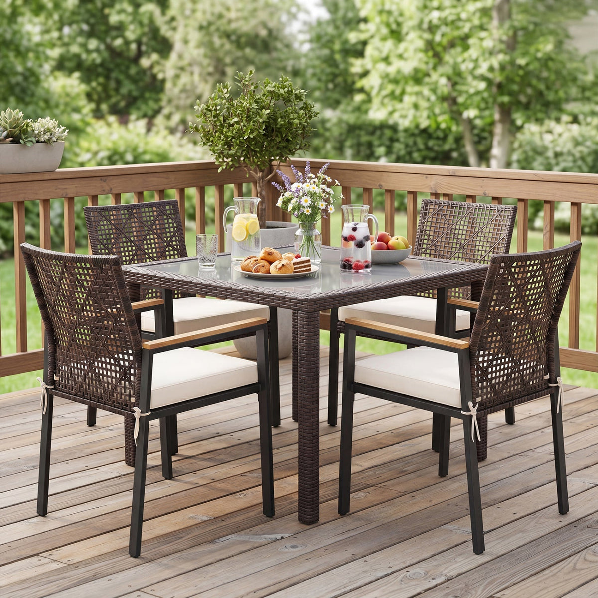Set of 4 Patio Dining Chairs with Acacia Wood Armrests – Outdoor Seating