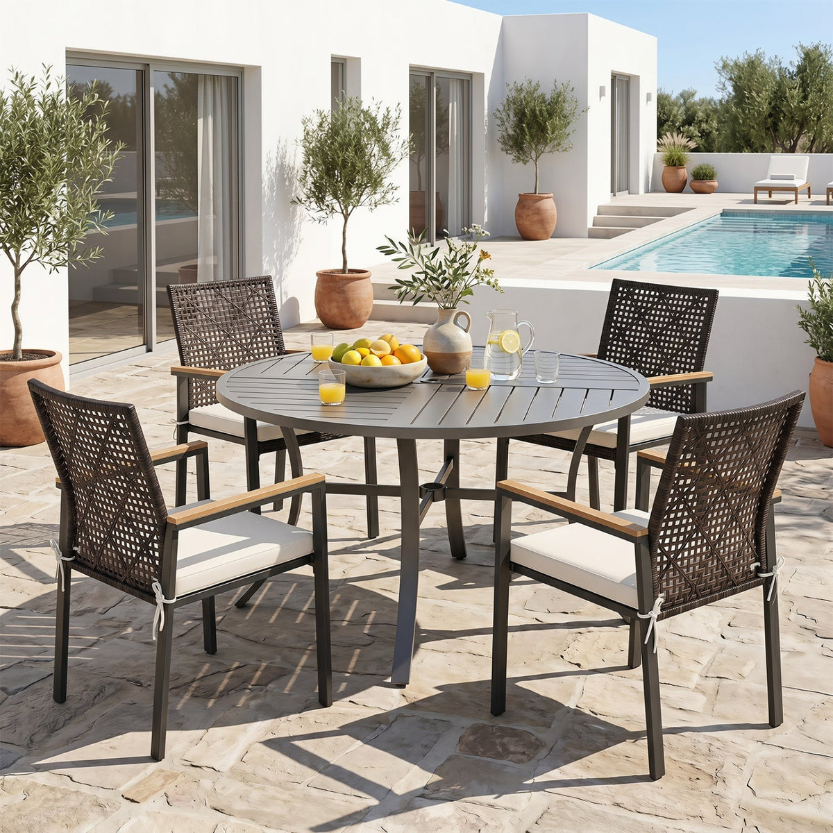 Set of 4 Patio Dining Chairs with Acacia Wood Armrests – Outdoor Seating