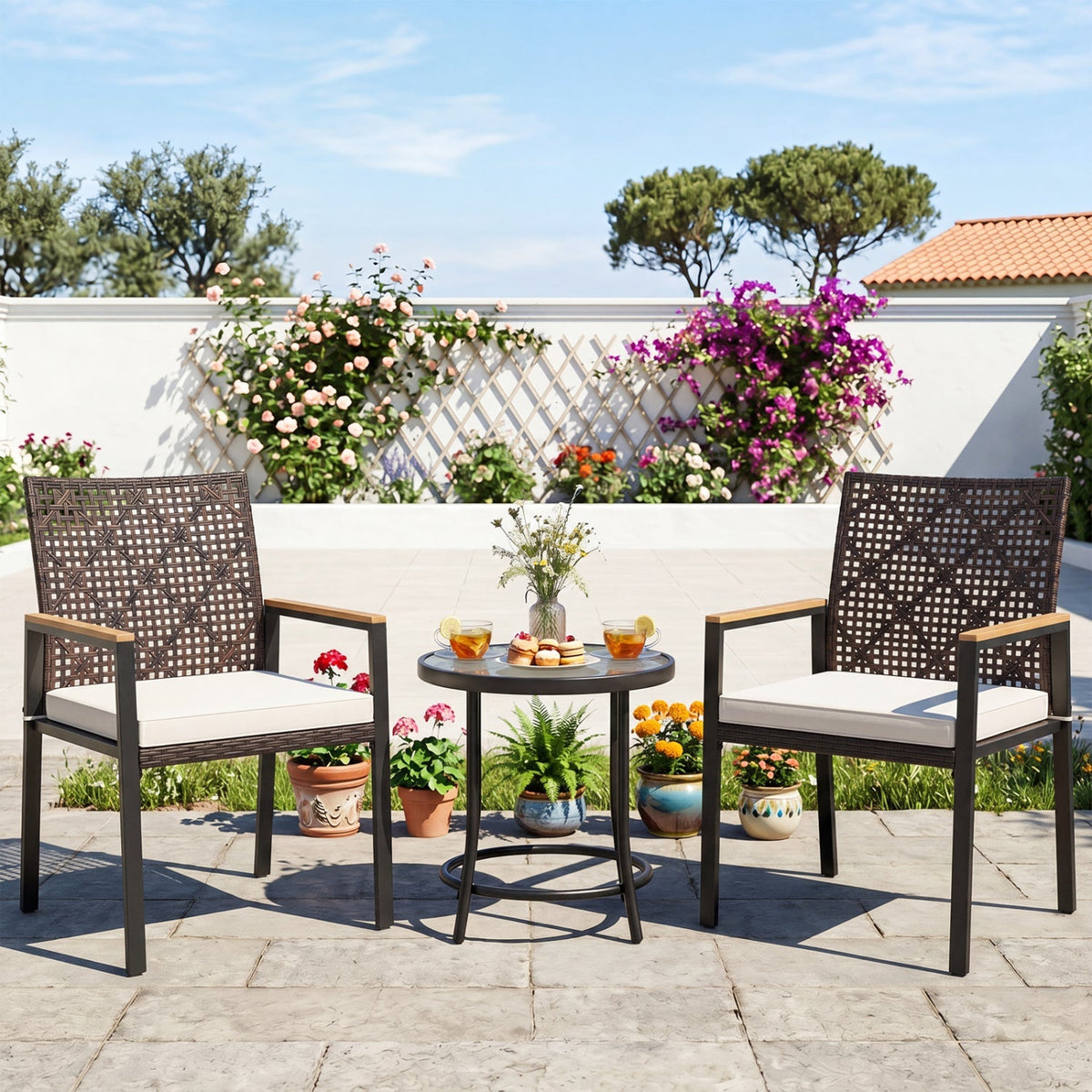 Set of 4 Patio Dining Chairs with Acacia Wood Armrests – Outdoor Seating