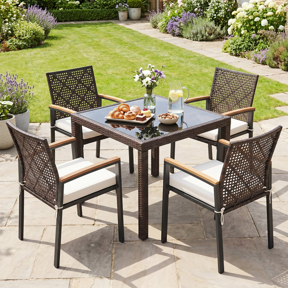 Set of 4 Patio Dining Chairs with Acacia Wood Armrests – Outdoor Seating