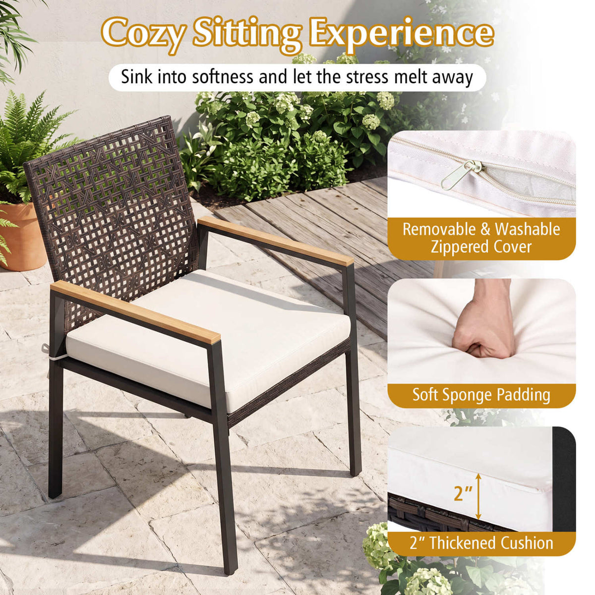 Set of 4 Patio Dining Chairs with Acacia Wood Armrests – Outdoor Seating