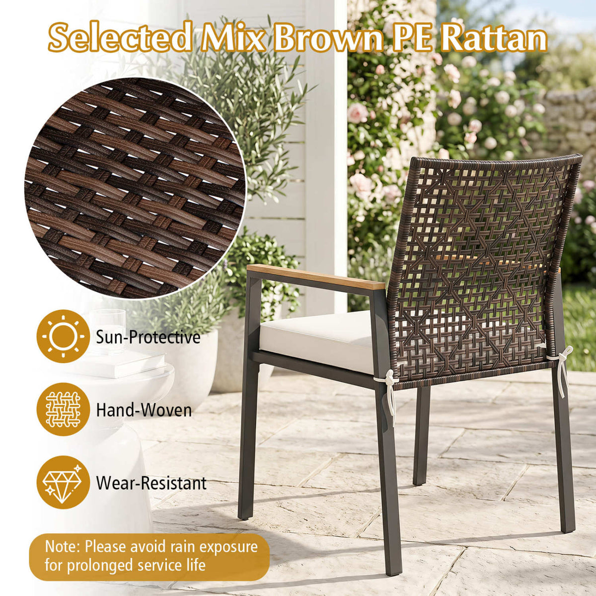 Set of 4 Patio Dining Chairs with Acacia Wood Armrests – Outdoor Seating