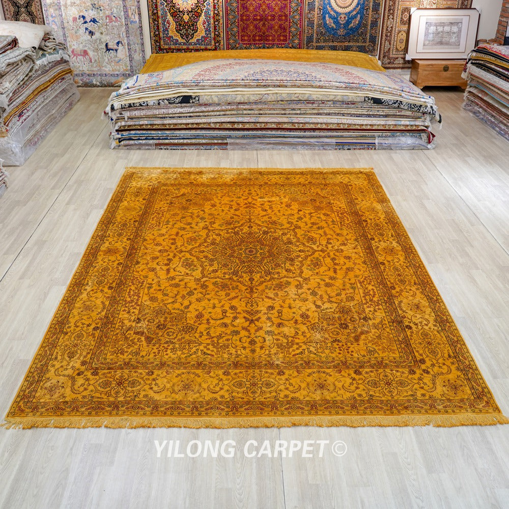 Persian Antique Handmade Golden Silk Classic Oriental Carpet 9x12ft