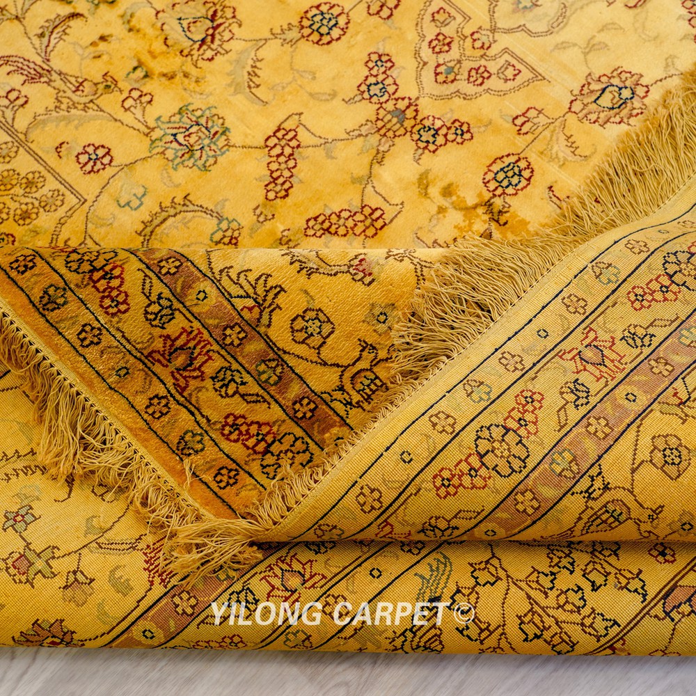Persian Antique Handmade Golden Silk Classic Oriental Carpet 9x12ft