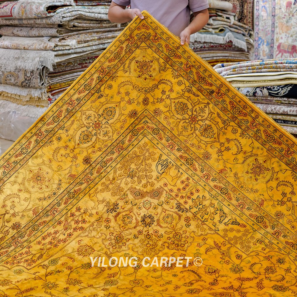Persian Antique Handmade Golden Silk Classic Oriental Carpet 9x12ft