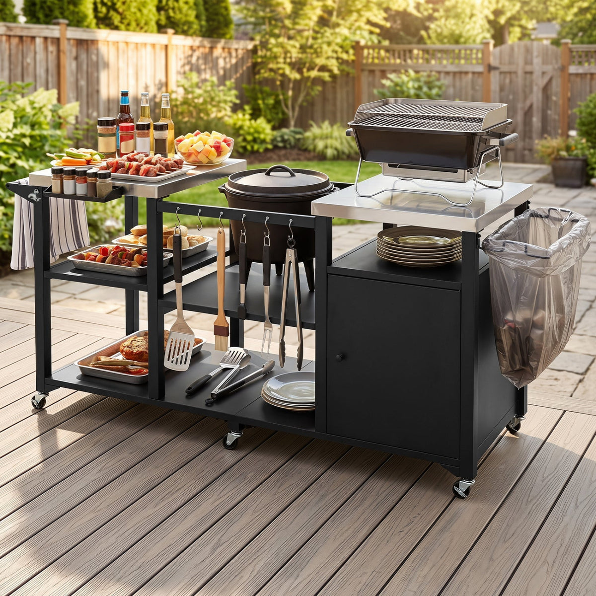 Outdoor Grill Cart with Stainless Steel Tabletop & Storage Cabinet