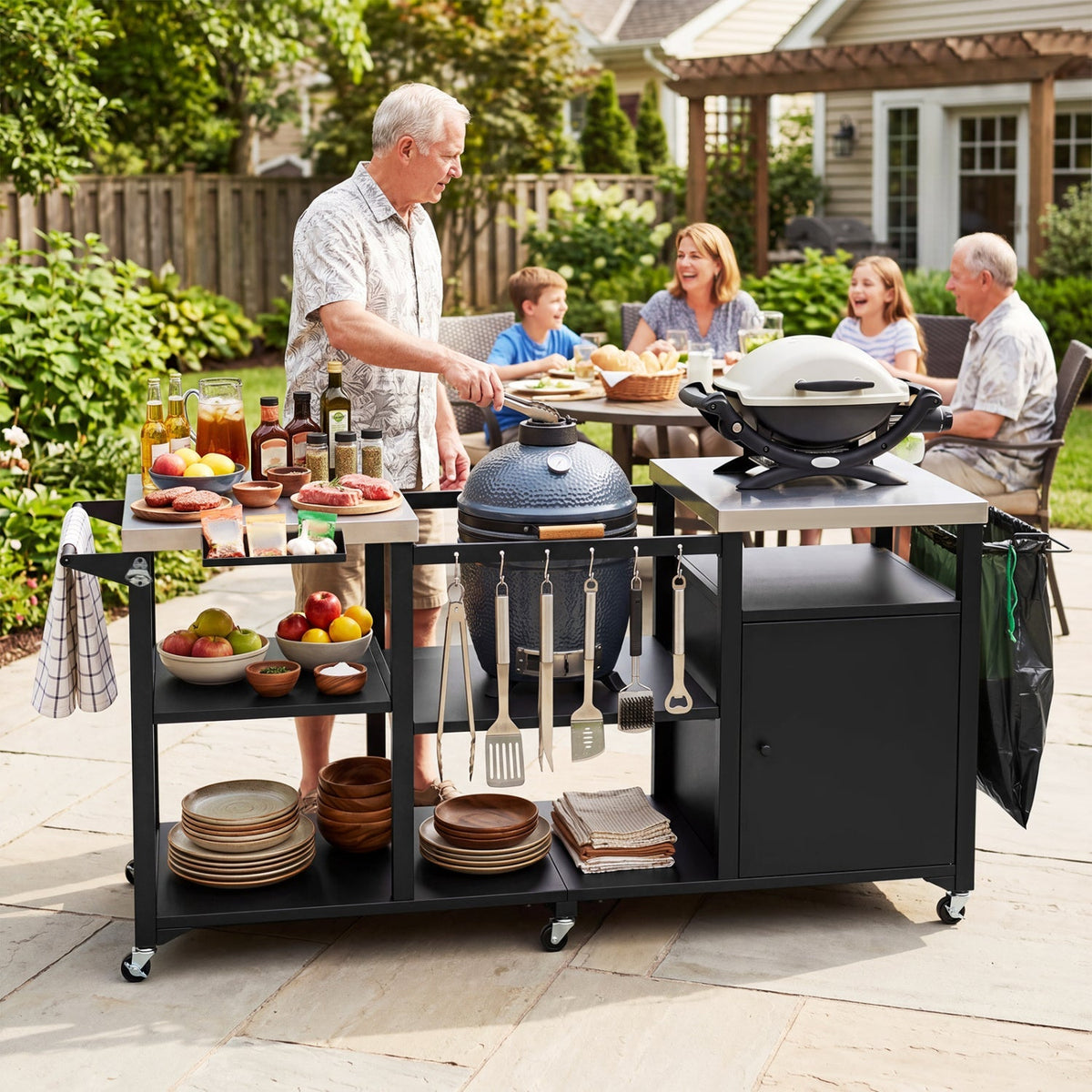 Outdoor Grill Cart with Stainless Steel Tabletop & Storage Cabinet