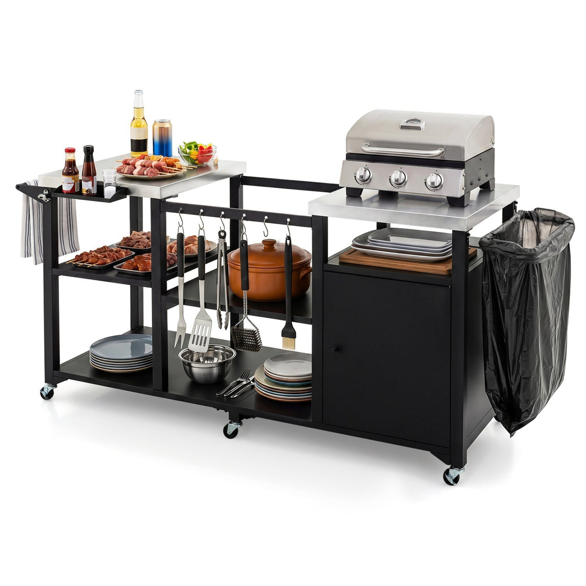 Outdoor Grill Cart with Stainless Steel Tabletop & Storage Cabinet