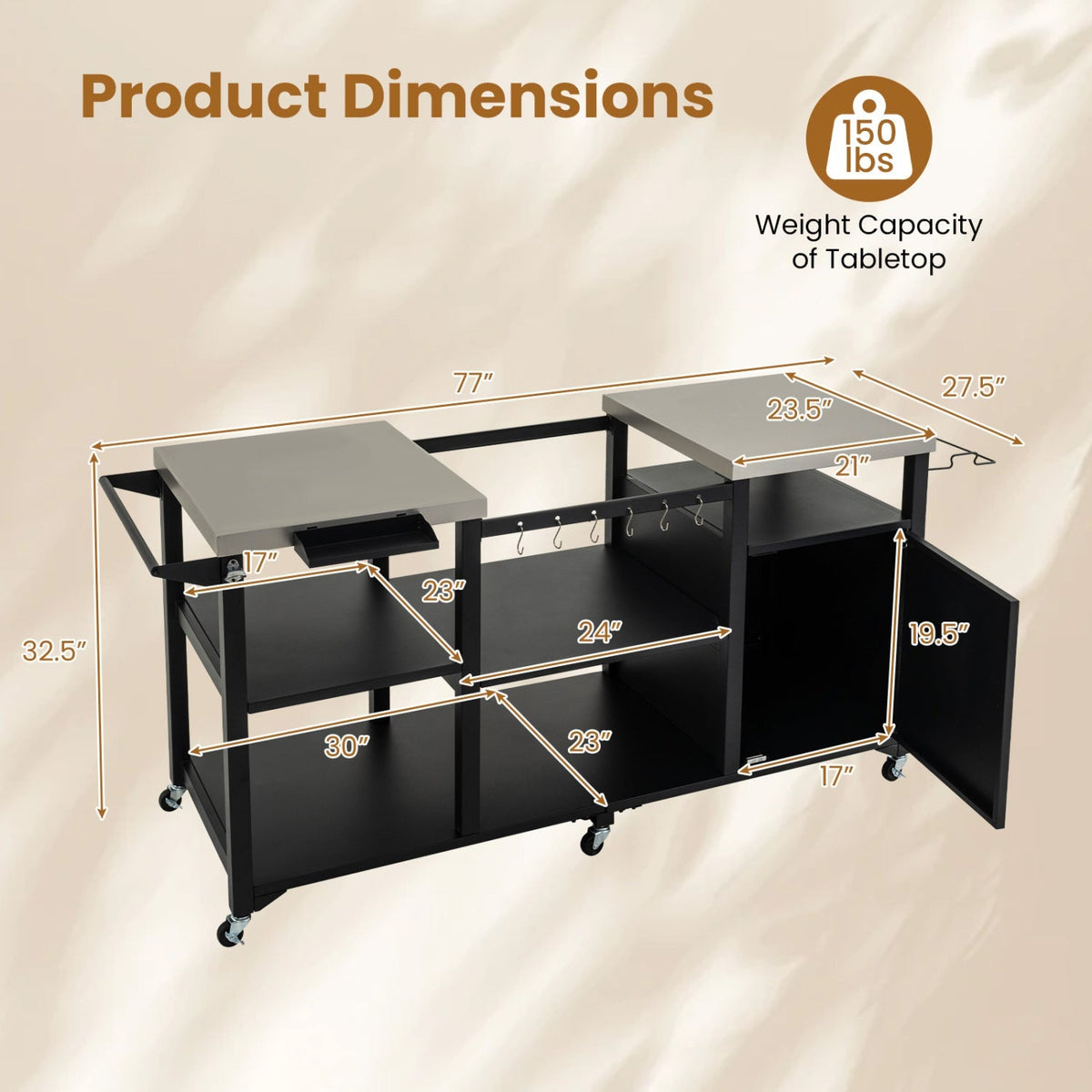 Outdoor Grill Cart with Stainless Steel Tabletop & Storage Cabinet