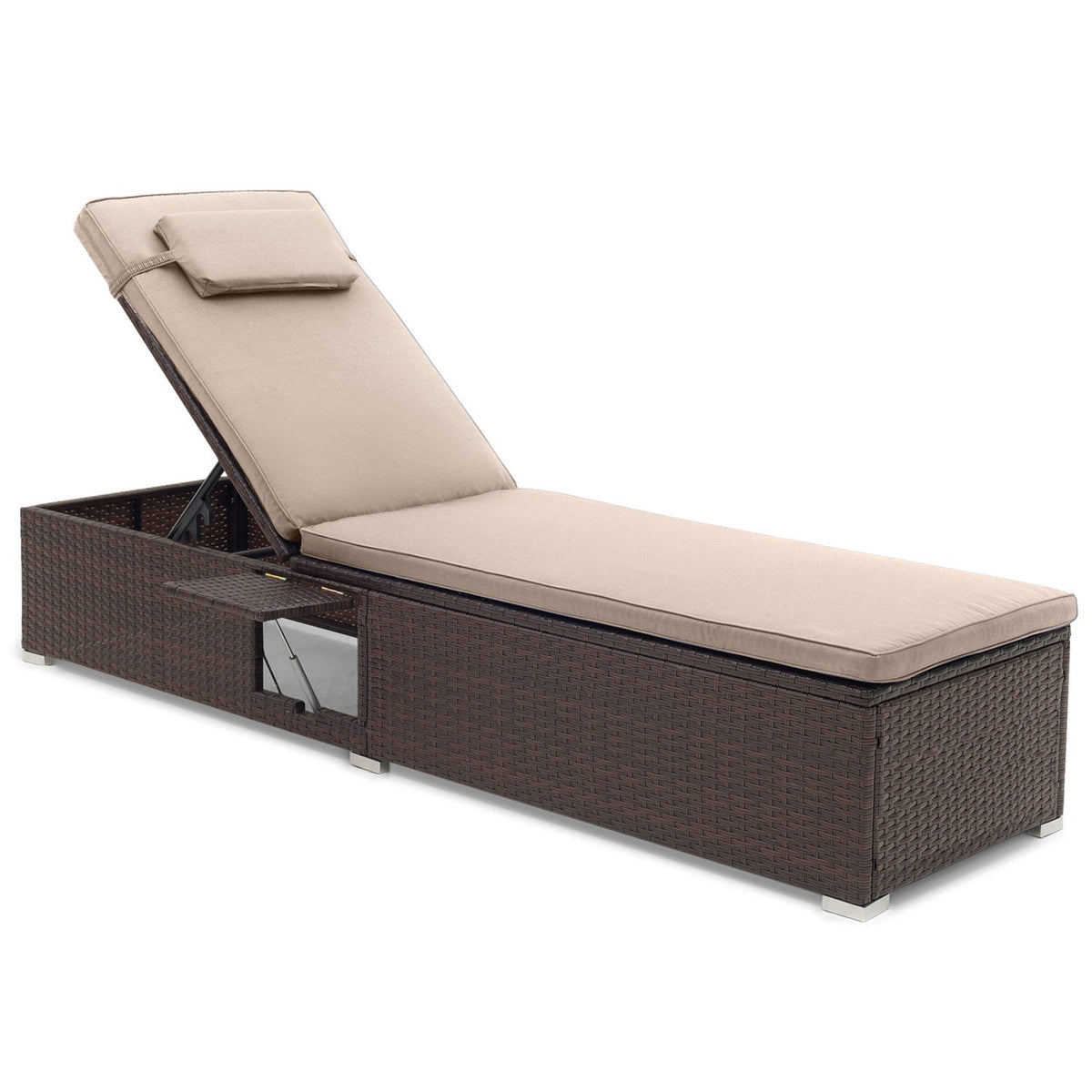 Outdoor PE Rattan Chaise Lounge with 6-Position Adjustable Backrest & Side Table