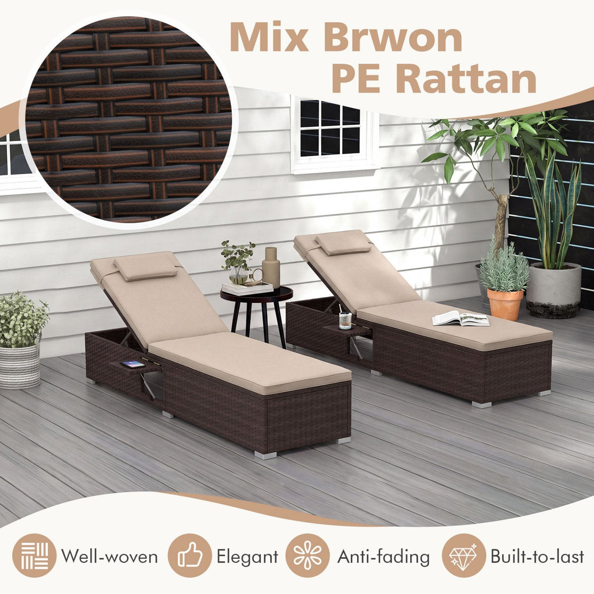 Outdoor PE Rattan Chaise Lounge with 6-Position Adjustable Backrest & Side Table