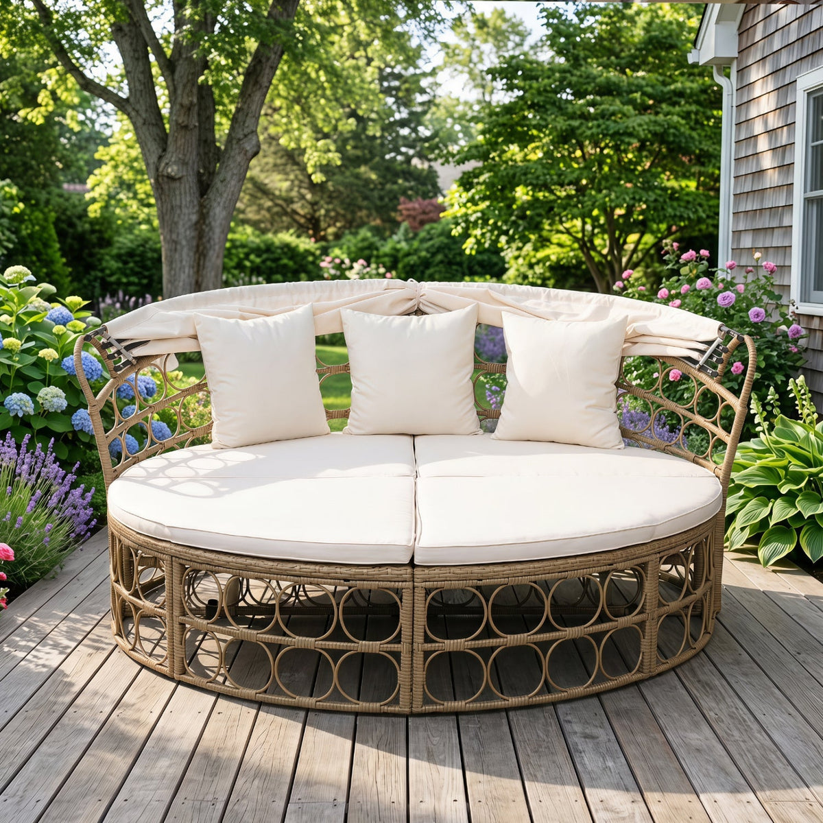 Outdoor Patio Daybed with Retractable Canopy & Cushions
