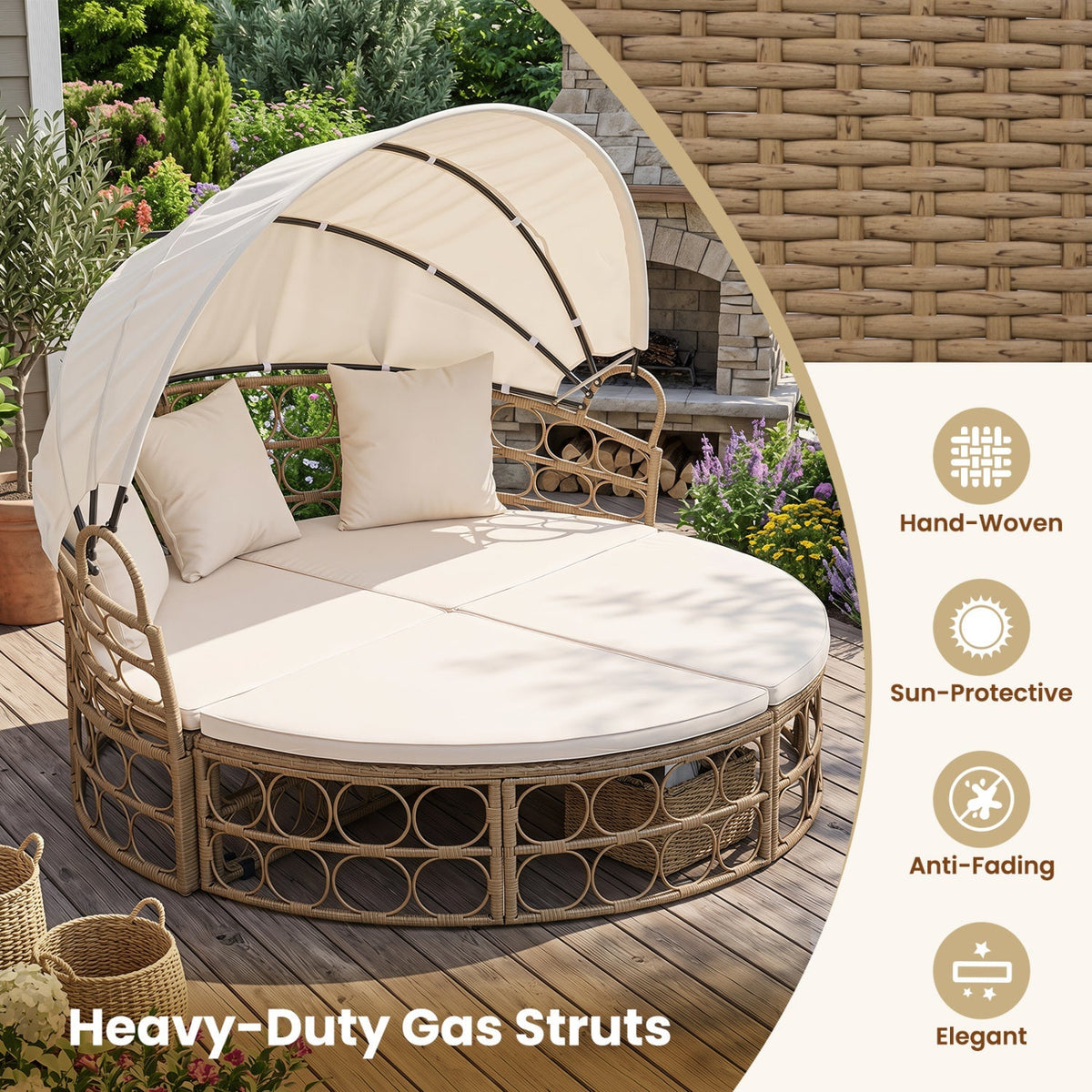 Outdoor Patio Daybed with Retractable Canopy & Cushions