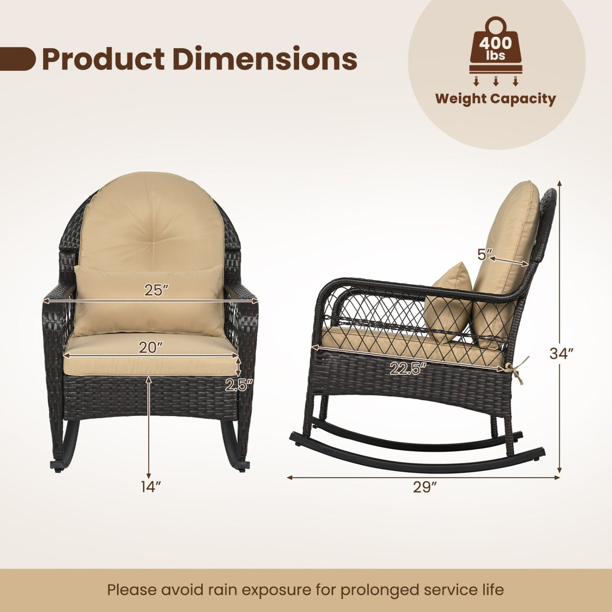 Outdoor Wicker Rocking Chair with Cushions – 400 lb Weight Capacity